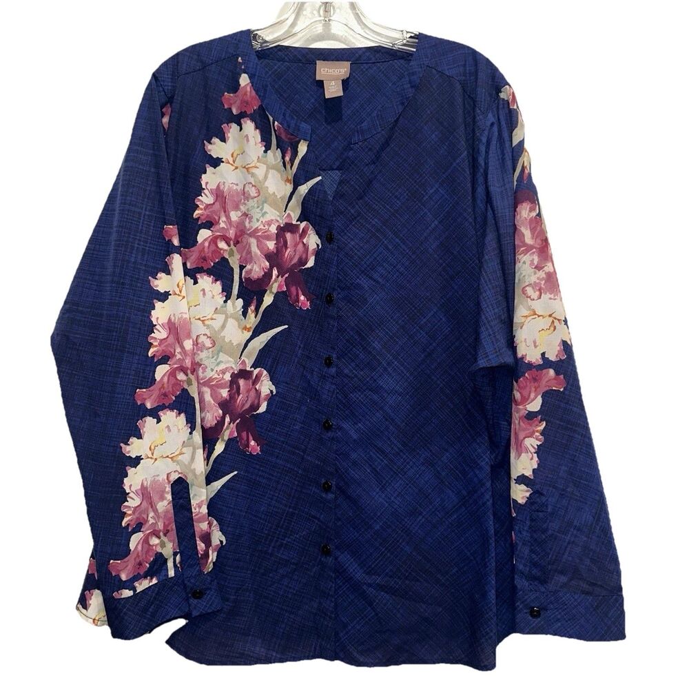 Chico’s Size 4 XXL Floral Tunic Blouse Button Down Long Sleeve Spring Resort